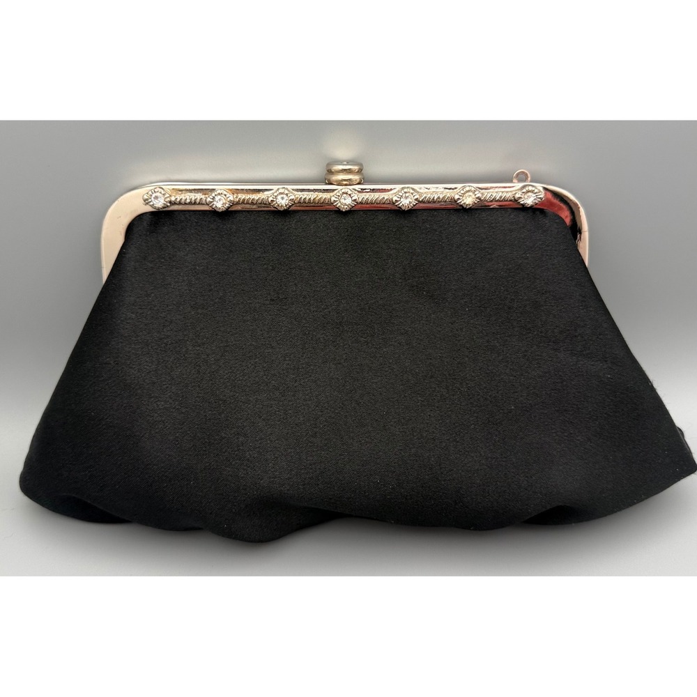Vintage Black Satin Evening Clutch Purse Rhinestone Frame Gold Chain Made China‎